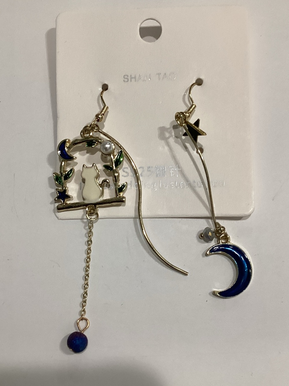 Gold Cat & Moon Asymmetrical Drop Earrings - Blue/White